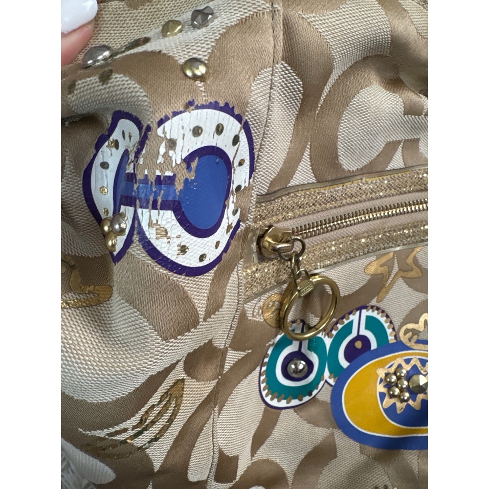 Vintage Coach Poppy Graffiti Glam Shoulder Bag Khaki Monogram Multicolor Sparkle - Picture 6 of 12